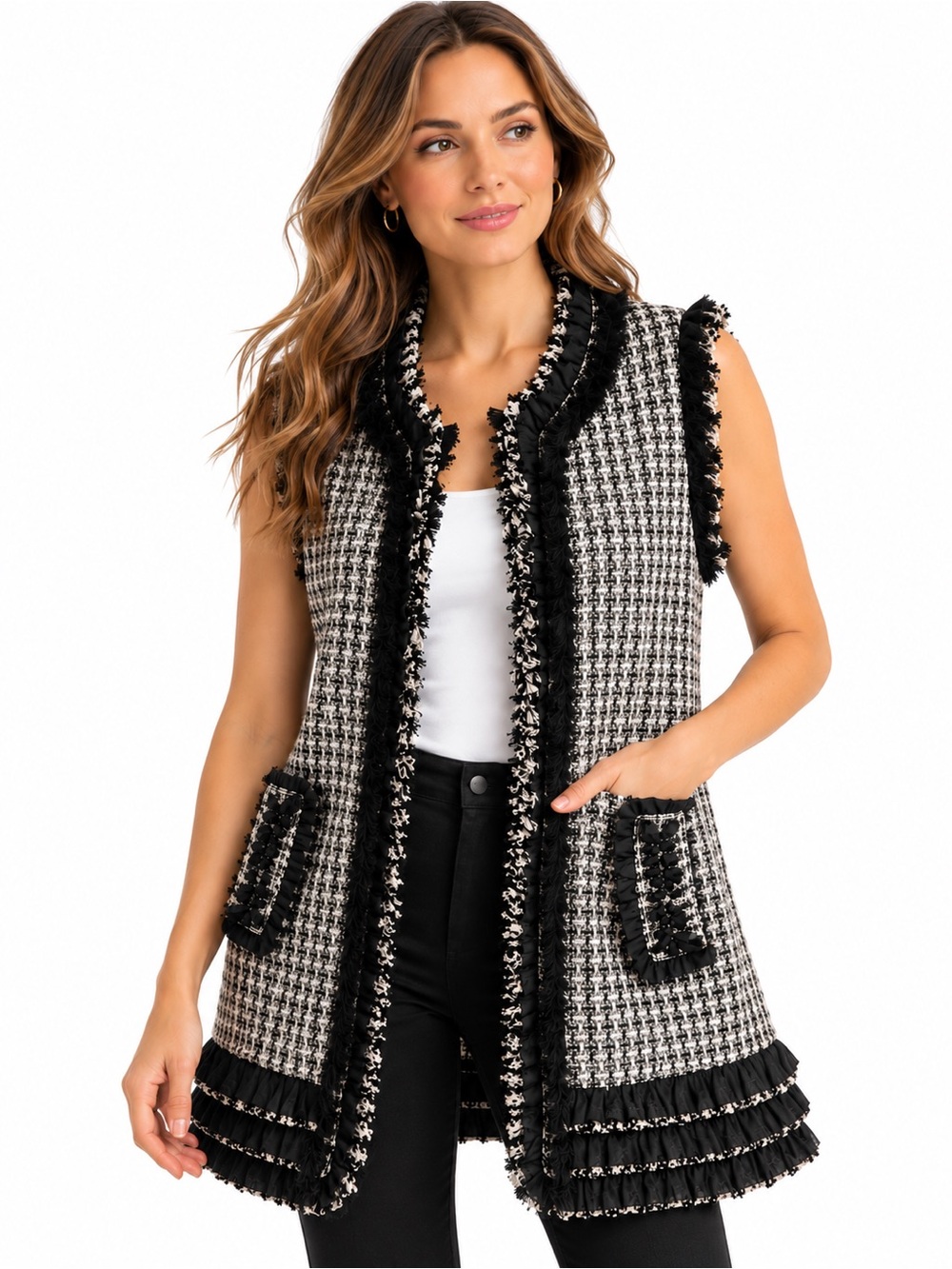 Black and White Tweed Sleeveless Blazer